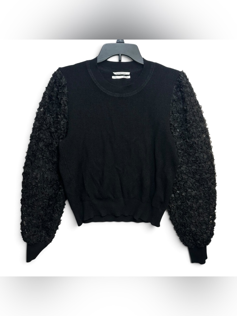 Anthropologie Black Textured Puff Sleeve Sweater Size Large Statement Sleeve - Picture 2 of 12